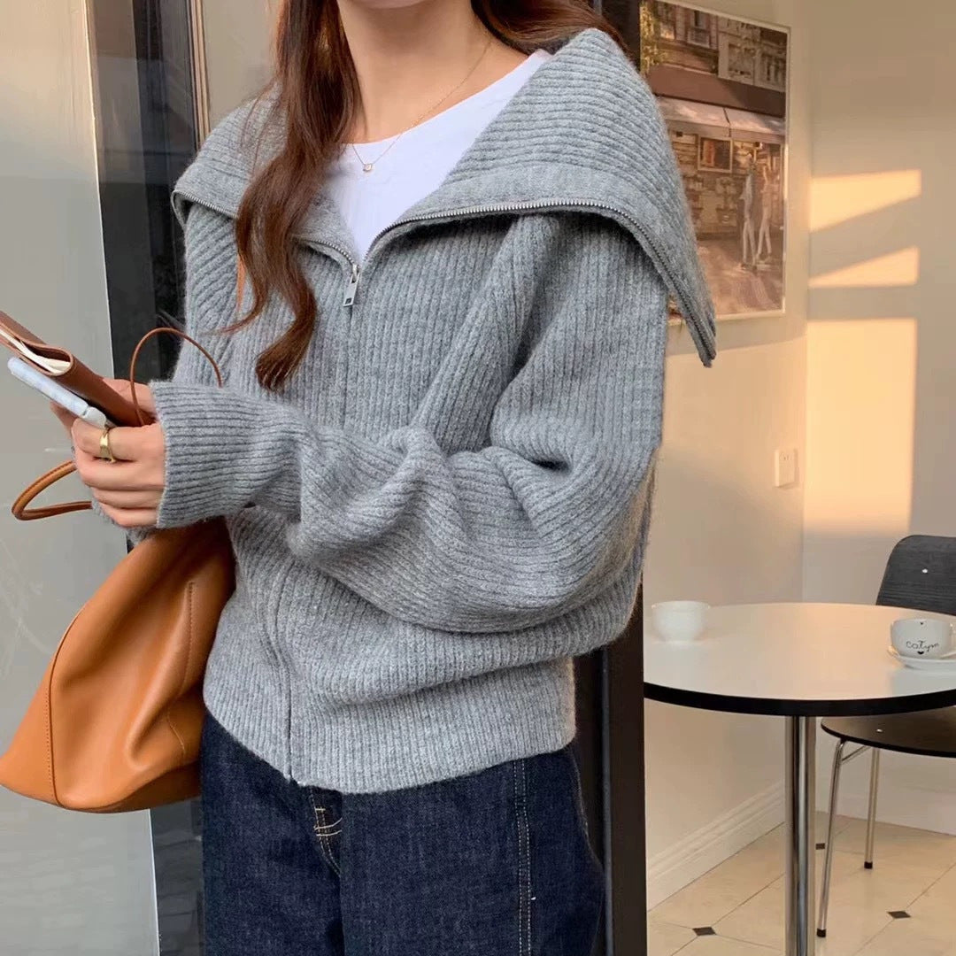 Autumn Winter Large Lapel Zippered Solid Color Womens Sweater