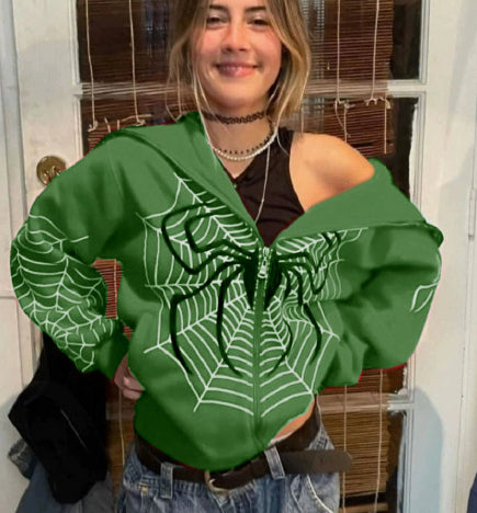 Spider Web Print Zip-Up Hoodie Streetwear Pullover