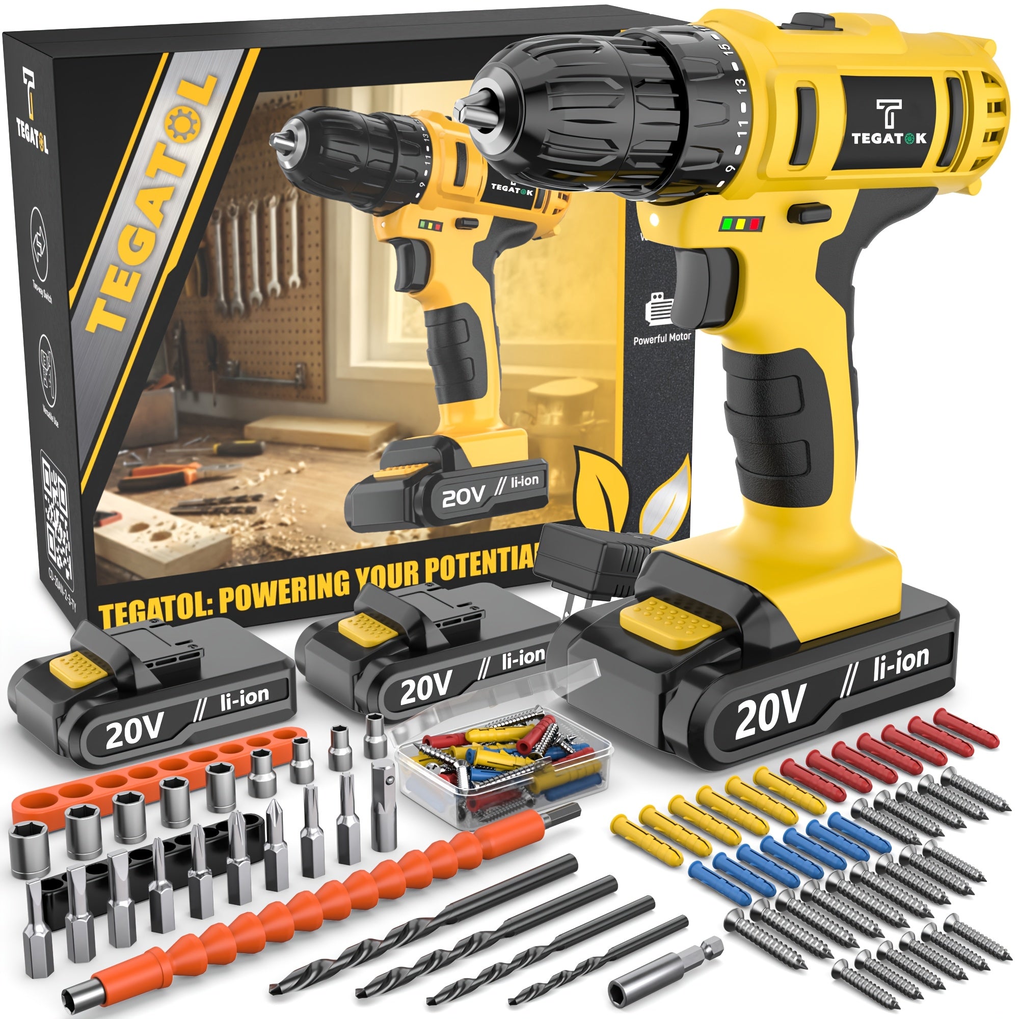 20V Cordless Drill Set – 30/88/136/148 Piece Toolbox Including Battery, Charger, Drill, Pliers, Bits – Ideal for Construction and Home Improvement