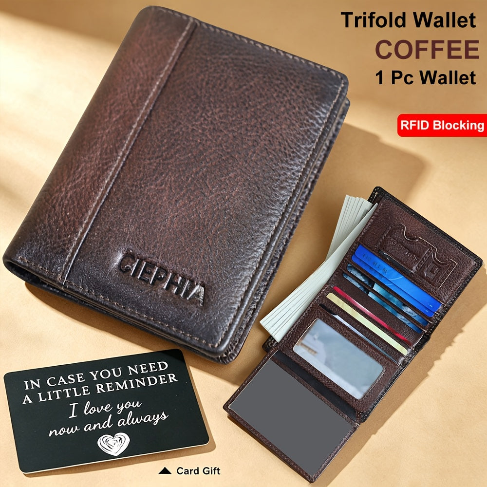 RFID Blocking Trifold Leather Wallet – Cowhide, Vintage Short Design with Money Clip and 2 ID Windows