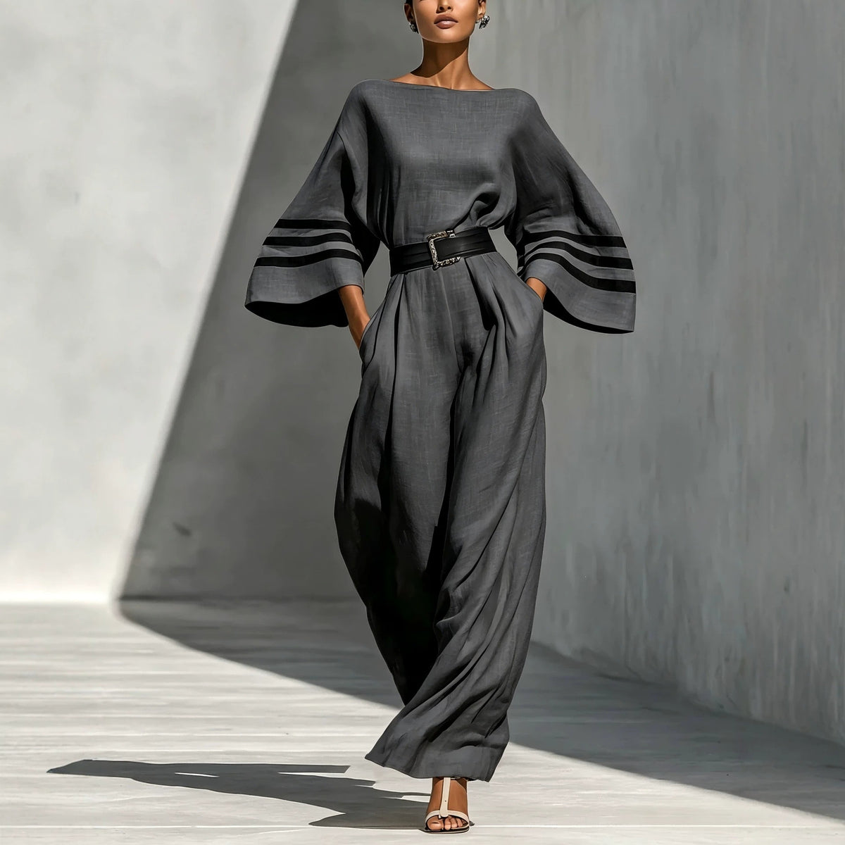 Womens Linen Blend Wide-Leg Jumpsuit