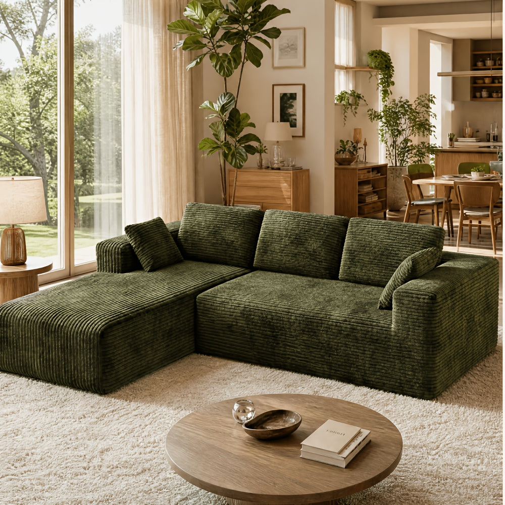Extra Large L-Shaped Sofa with Right‑Side Chaise – Minimalist Compressed Frame, Plush Corduroy Upholstery
