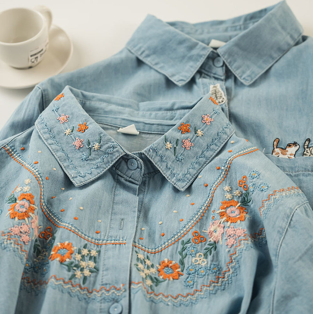 Embroidered Washed Denim Long-Sleeve Shirt Womens Single-Breasted Top