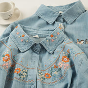 Embroidered Washed Denim Long-Sleeve Shirt Womens Single-Breasted Top