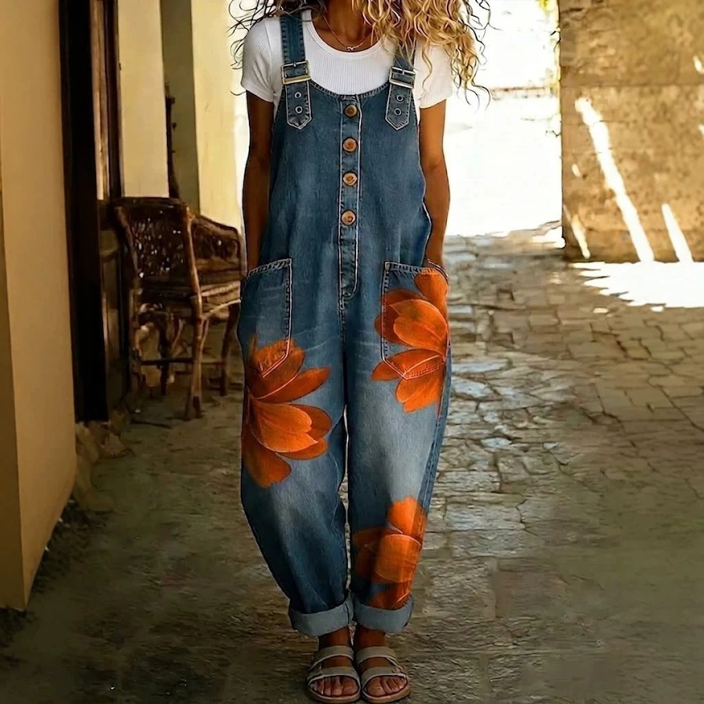 Floral Print Sleeveless Denim-Style Jumpsuit