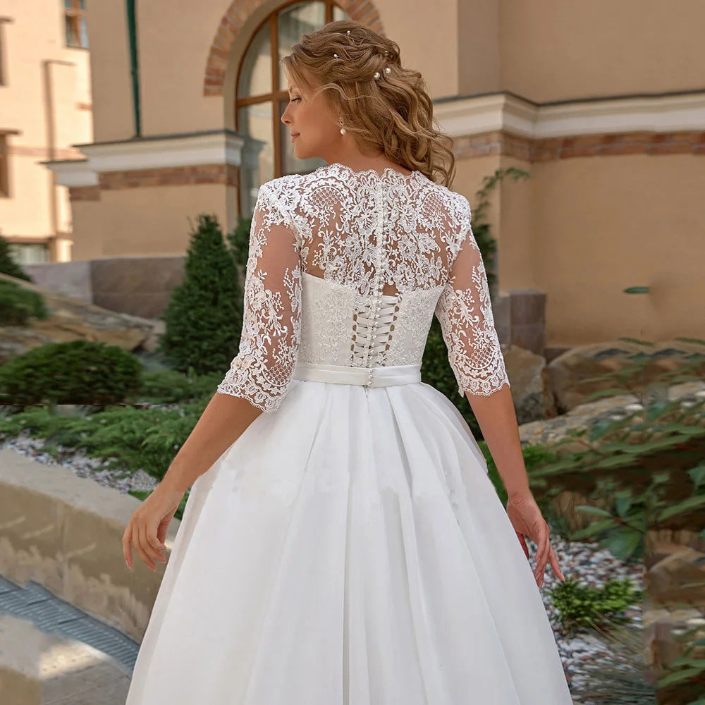Plus-Size Lace V-Neck Wedding Dress with 3/4 Sleeves