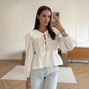 Stylish Work-appropriate White Lace-up Shirt Crafted From Premium Cotton Fabric