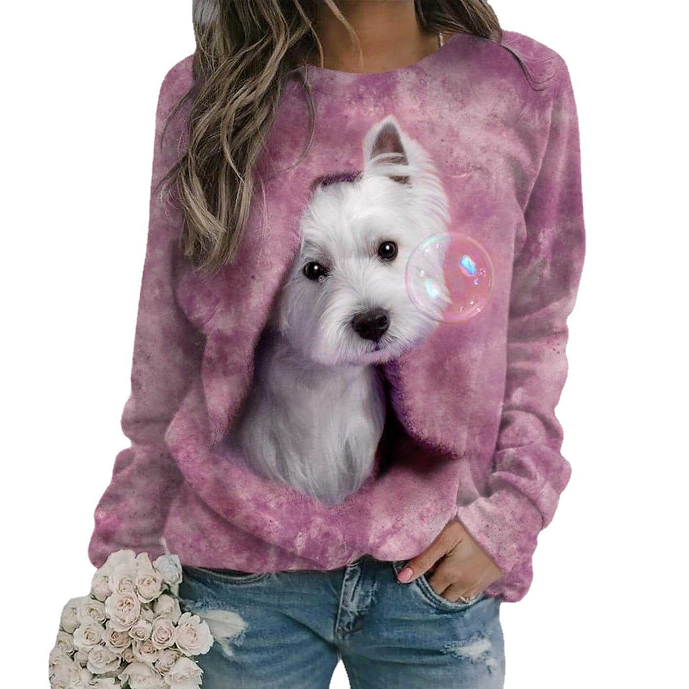 Women's 3D Digital Print Round Neck Fashion Sweater