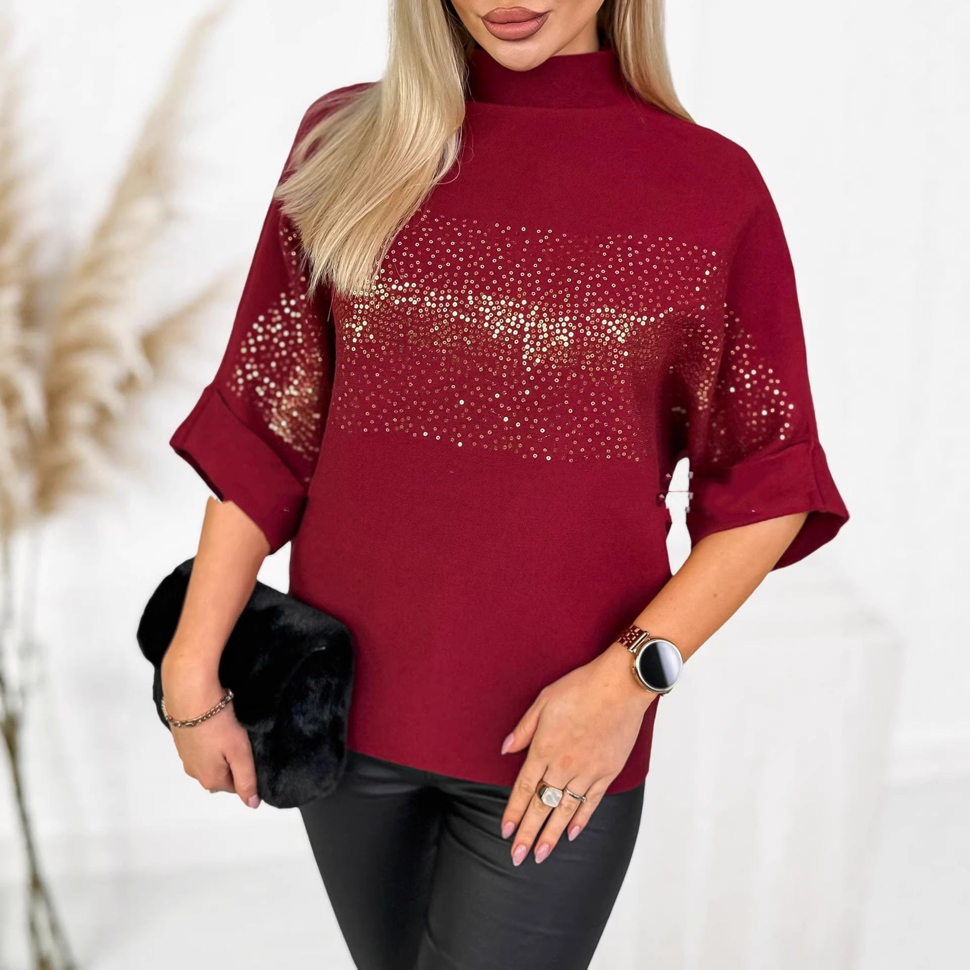 Sequin Solid-color High-neck Fashion Top Shirt