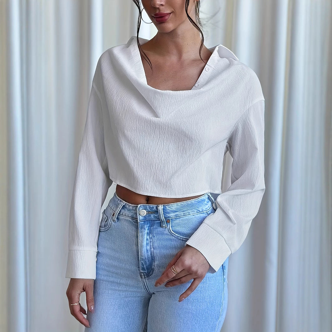 Elegant Ruffled Long Sleeve Solid Color Blouse for Women
