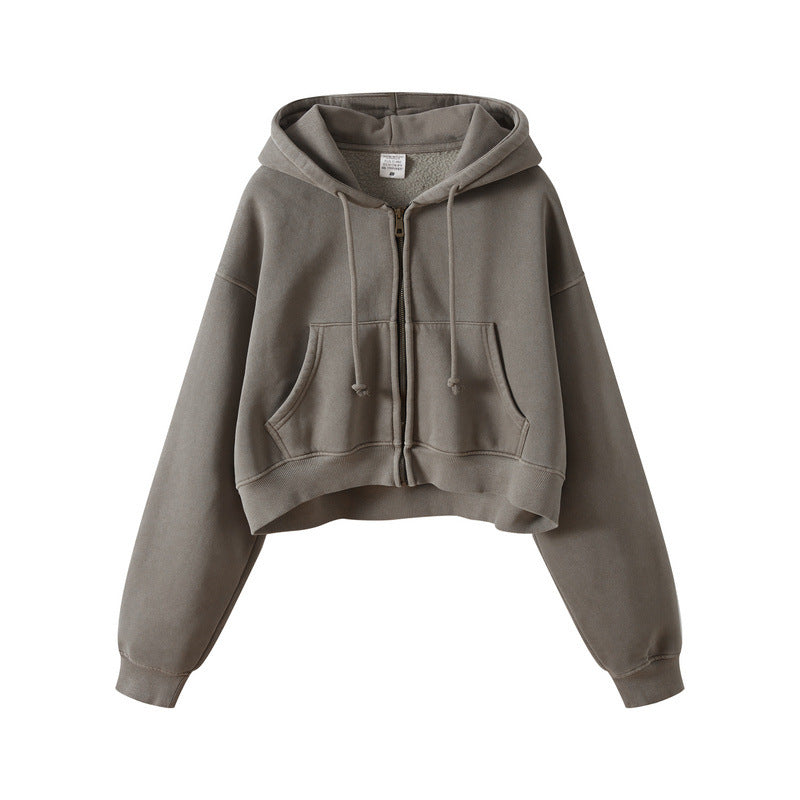 Washed Plush Zipper Hooded Sweater Retro Hot Girl Blouse
