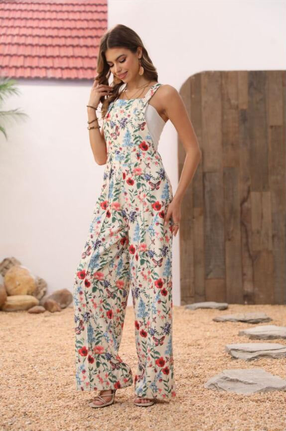 Floral Print Button Wide Leg Jumpsuit