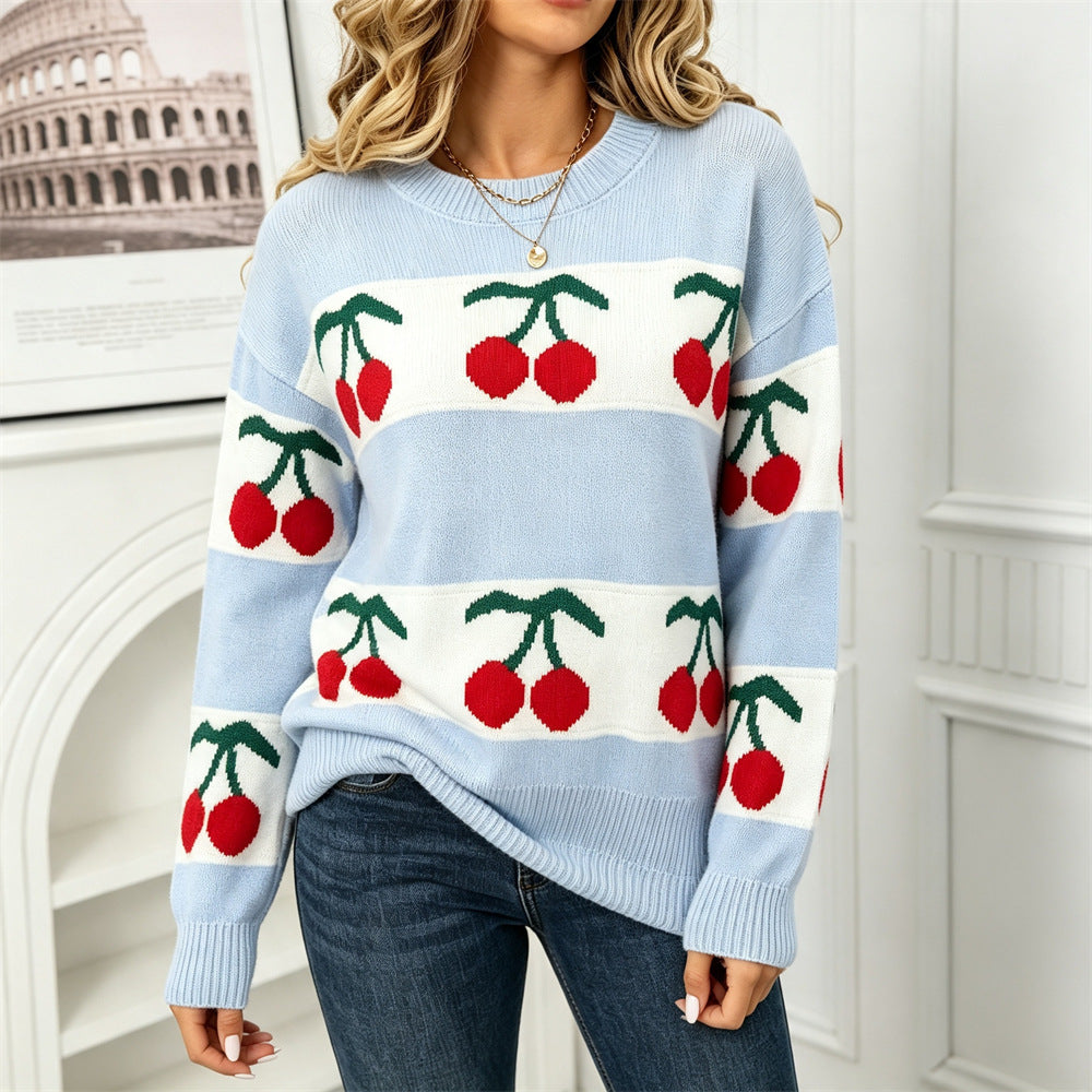 Cherry Jacquard Pullover Knit Top
