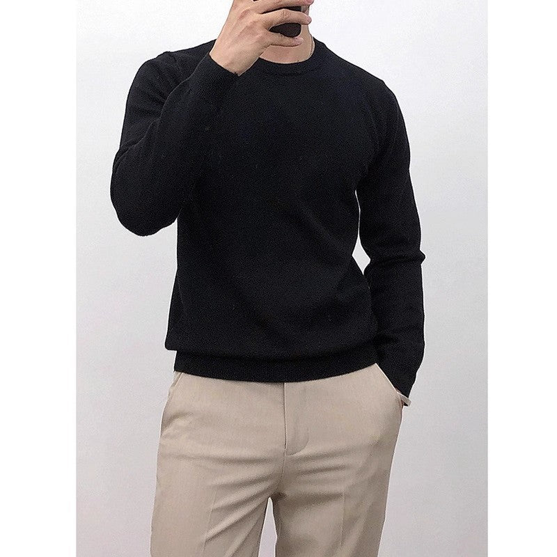 Solid-color Crew-neck Base Knit Sweater Mens Pullover