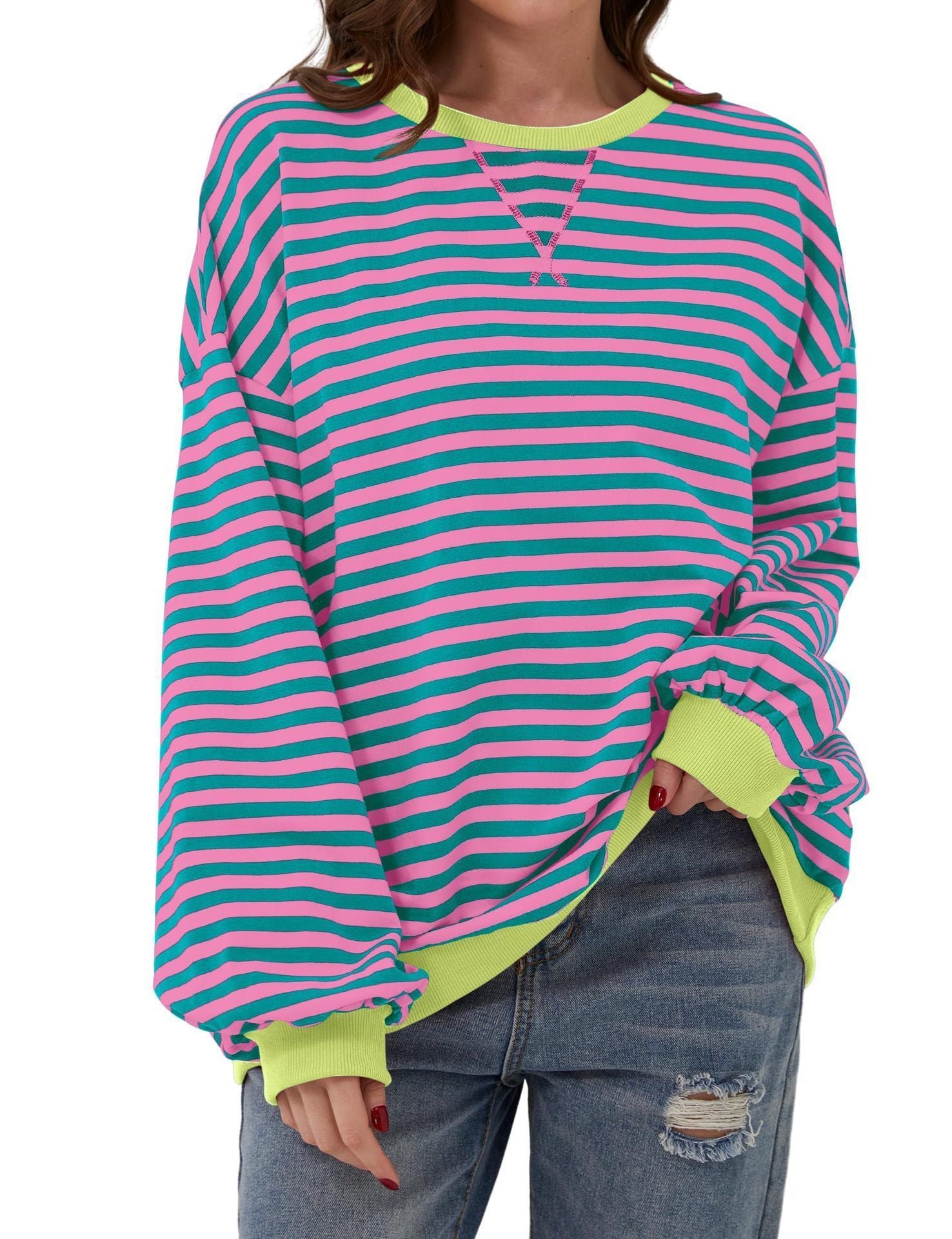 Casual Striped Round Neck Long Sleeve Slim Pullover Top