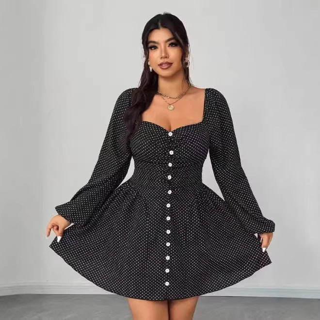 Polka-dot Print Button-decorated Lantern-sleeve Casual Dress