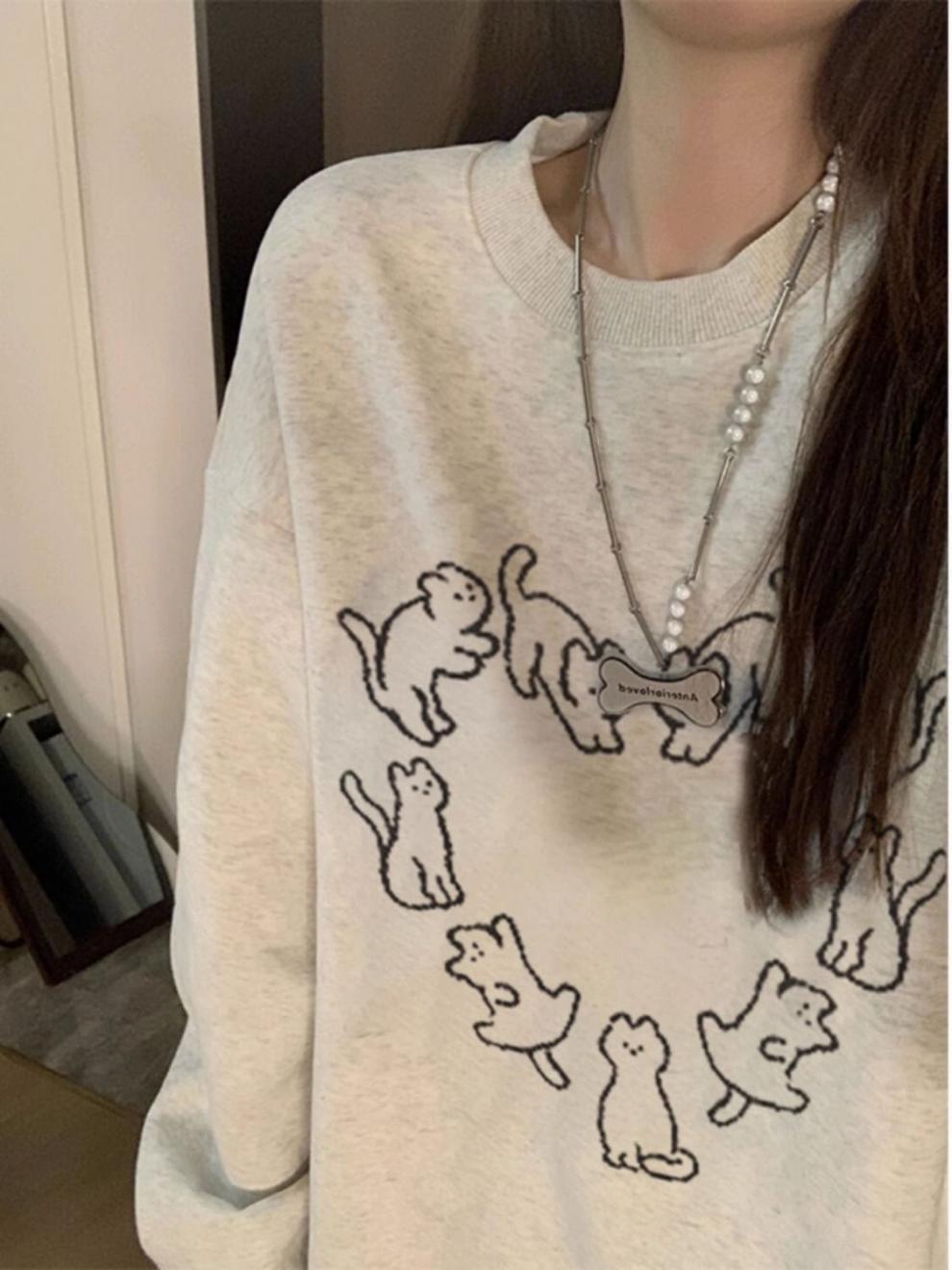 Cute Cat Print Casual Crew Neck Sweatshirt