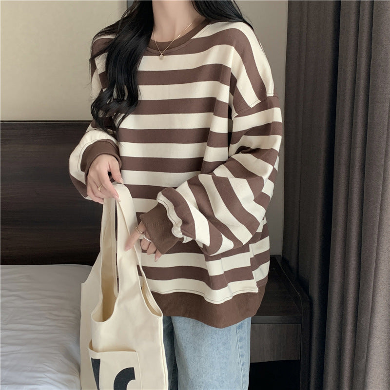 Retro Striped Crew Neck Casual Sweatshirt for Women