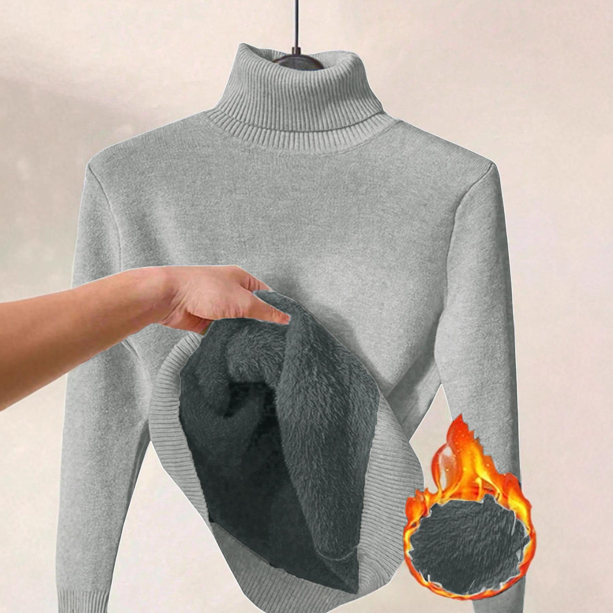 Womens Solid-color Thermal Turtleneck Fleece-lined Sweater