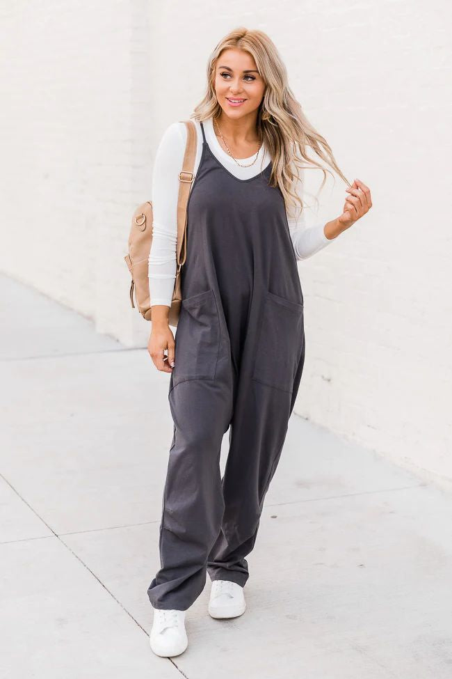Women's Loose Solid Color Suspender Overalls with Pockets