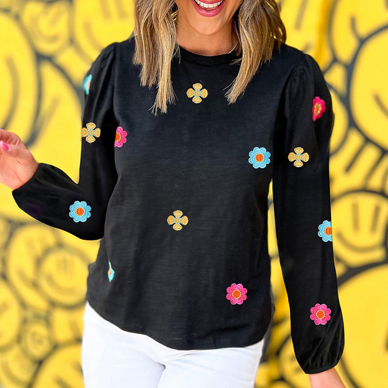 Floral Embroidered Long Sleeve Pullover Cotton Sweater