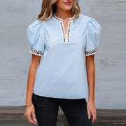 Elegant V‑Neck Puff‑Sleeve Chiffon Pullover – Lightweight Casual Top