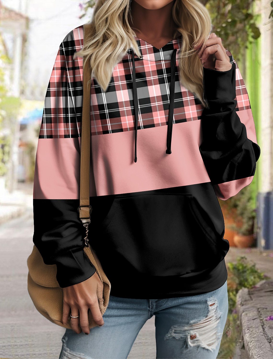 Women's Plaid Color Block Pullover Hoodie