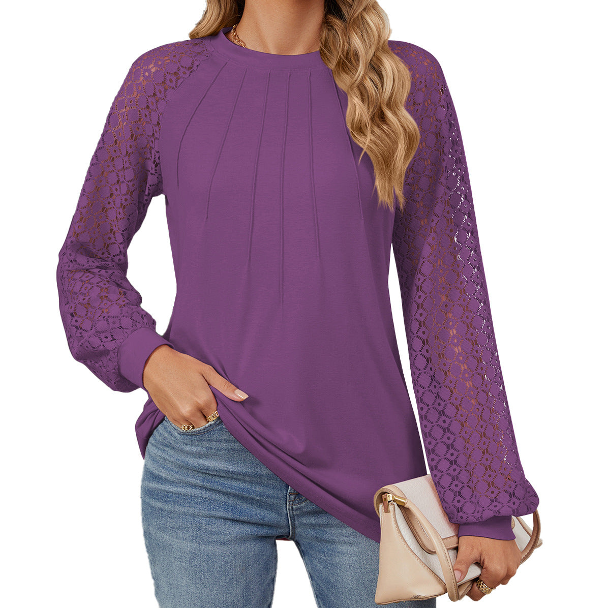 Chic Lace Long Sleeve Round Neck Pullover Top