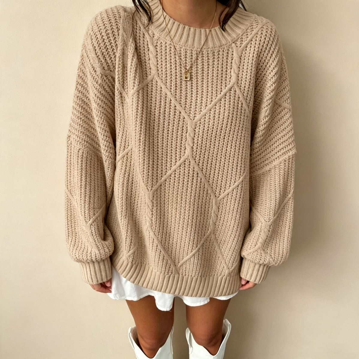 Womens Loose Knitted Sweater Solid-color Pullover
