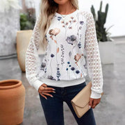 Floral Print Lace Sleeve Waffle Top