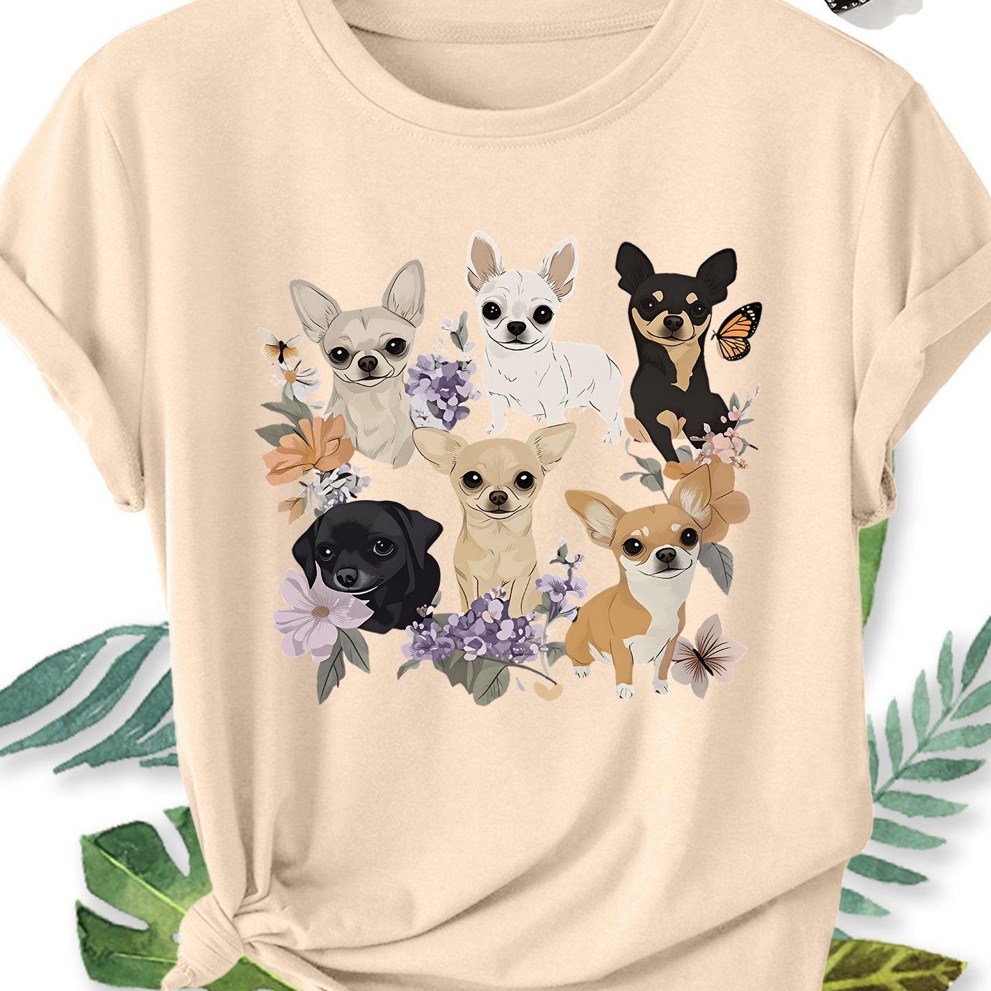 Ladies' Plus Size Short Sleeve T-Shirt with Chihuahua Dog Floral Print, Crew Neck