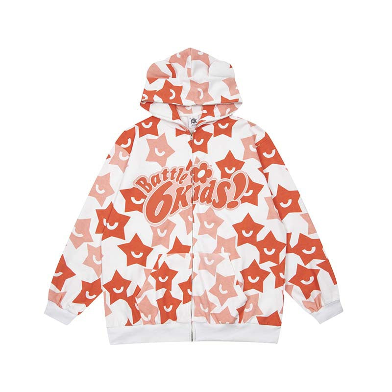 Women's Star Print Zip-Up Hoodie Casual Sweatshirt