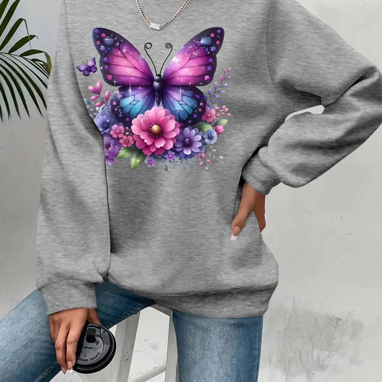 Plus Size Soft Purple‑Blue Butterfly Floral Print Long Sleeve Round Neck Sweatshirt