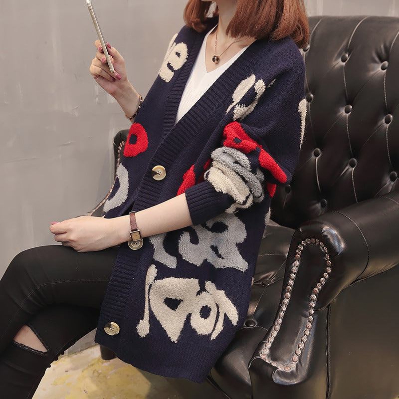 Foreign Trade Korean Style Loose and Idle Style Letter V-neck Mid-length Sweater