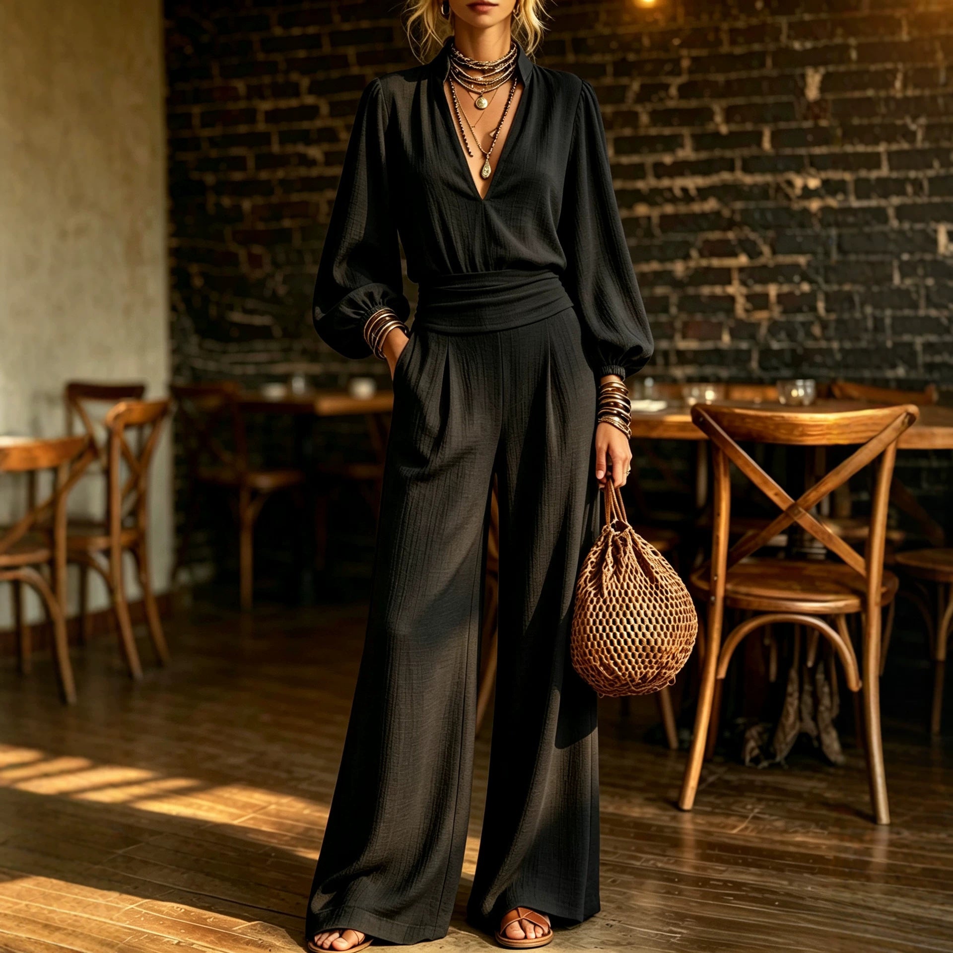 Elegant V-Neck Waist-Cinching Long-Sleeve Jumpsuit