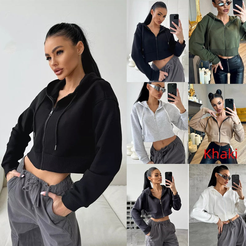 Trendy Cropped Zip-Up Hoodie with Drawstring