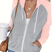 Plus Size Women's Color-Blocked Zip-Up Hoodie with Long Sleeves, Drawstring and Pockets