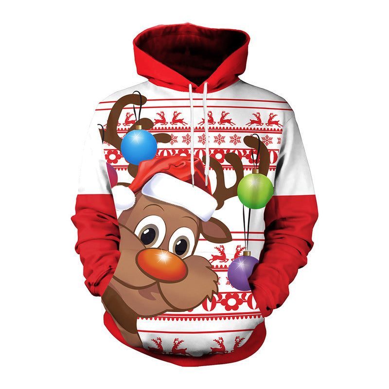 Festive Elk Christmas Print Couple Hooded Sweater