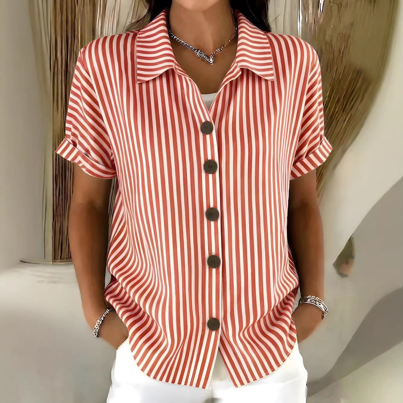Fashionable Casual Womens Button-Down Striped Short-Sleeve Shirt