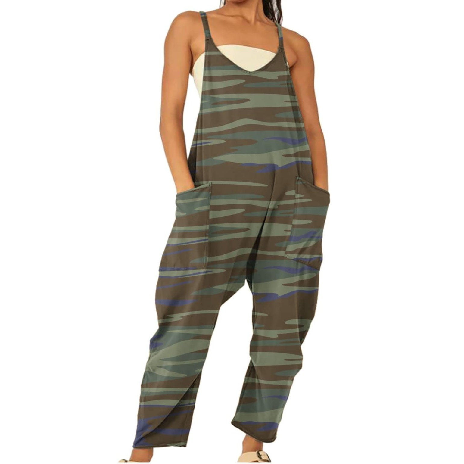 Women's Printed Zippered Pocket Jumpsuit with Straps