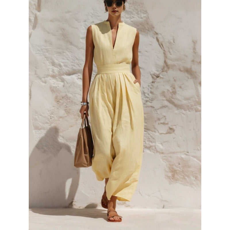 Sleeveless Pullover Solid-color High-waisted Loose-fitting Jumpsuit