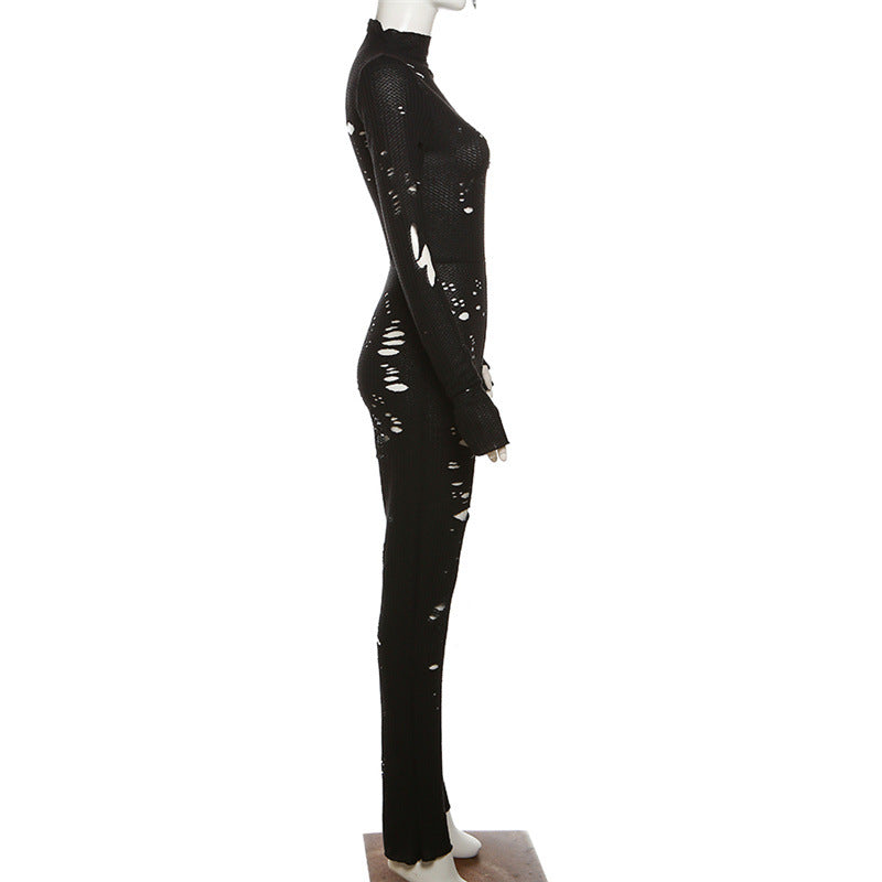 Women's Ripped Hollow-Out High-Waist Knit Jumpsuit