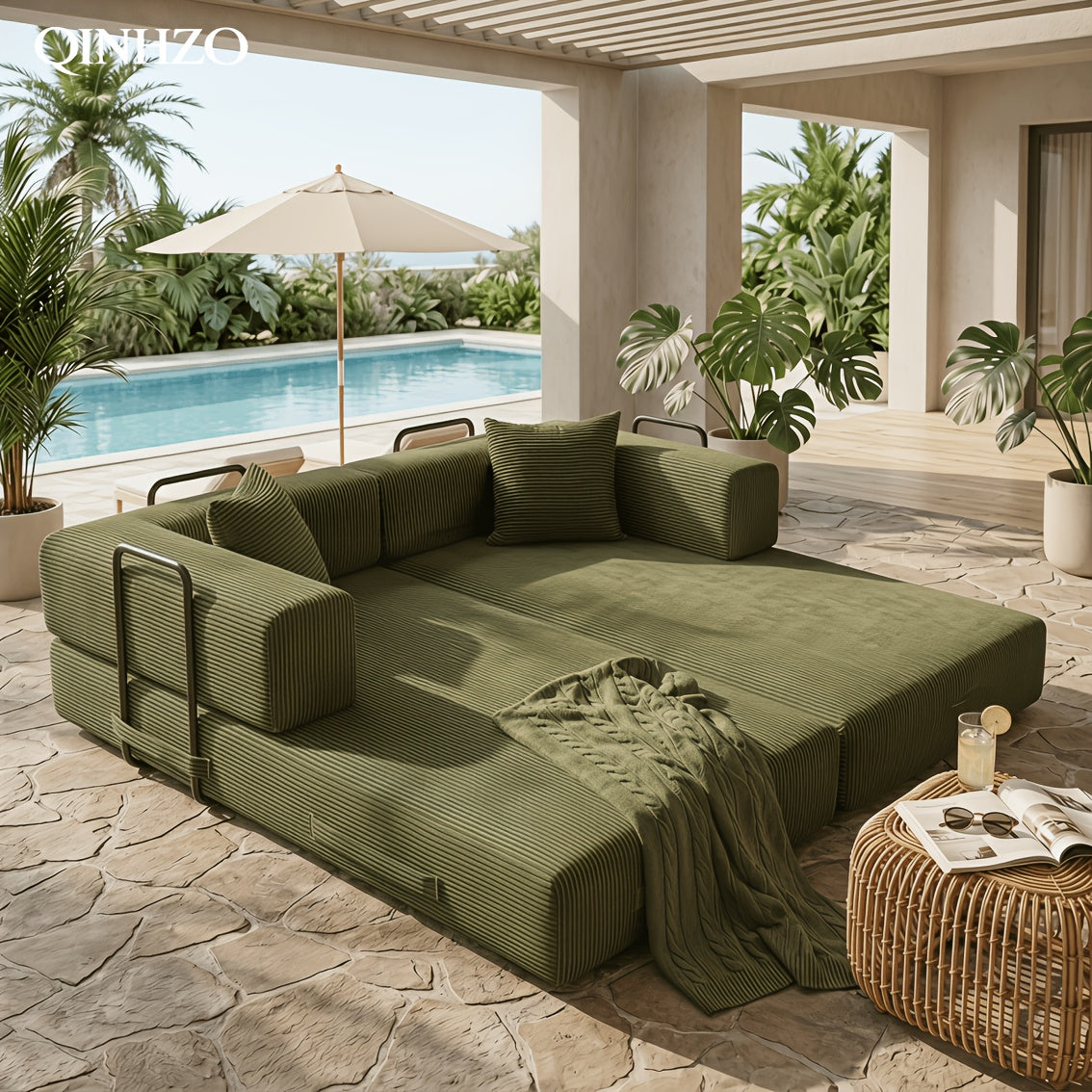 [Mother's Day Gift] 76.38-Inch Boneless Compressed Modular Sofa, Premium Corduroy L-Shaped Recliner, Convertible Into a King-Size Bed, High-Density Foam, High-Strength Vacuum Compression with Corduroy Material, Pool Party Sofa, Mother's Day Gift