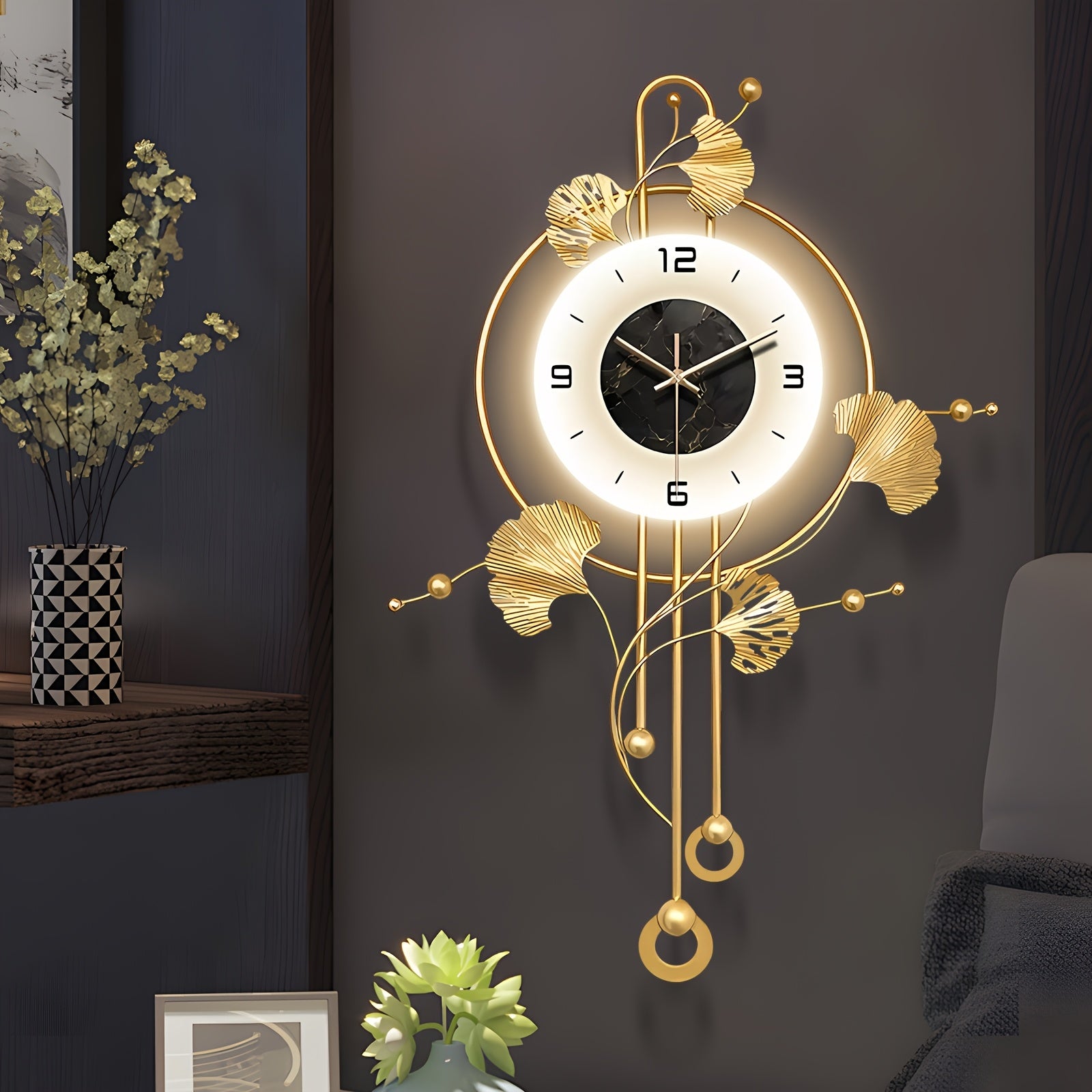 3D Modern Metal Wall Clock, 28x20'' Vintage Ginkgo Leaf Creative Design, With Metal Floral Wall Art Clock, Handmade Home Art Decorative Timepiece For Living Room Wall Decor Flower Clock