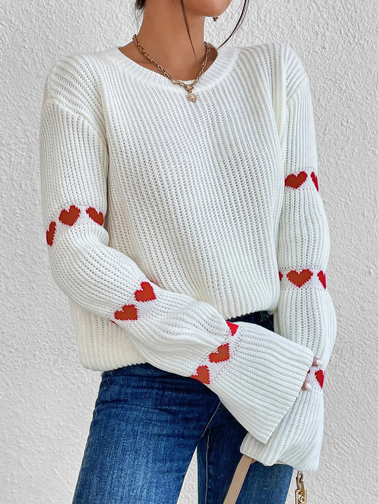 Solid-color Relaxed-fit Jacquard-knit Pullover with a Round Neckline and Flared Sleeves
