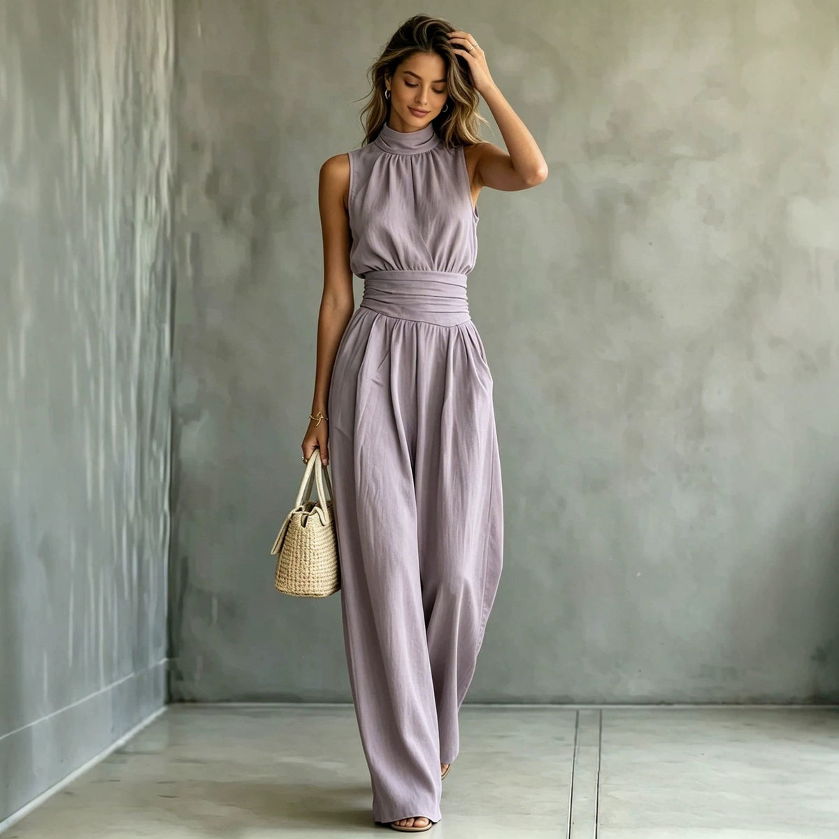Chic Sleeveless Mock-Neck Wide-Leg Casual Jumpsuit