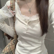 Floral Lace Stitching Long Sleeve Slim Fit Slim Looking Base Fake Two-piece Top