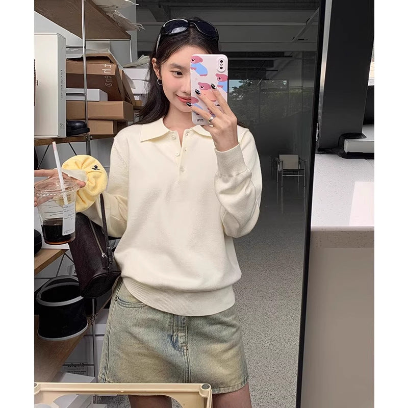 Korean-style Youthful Embroidered Polo-neck Knit Top