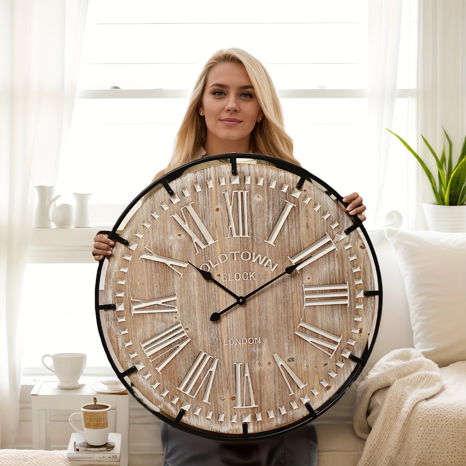 Large Wall Clock –30 In Farmhouse Wall Clock -Extra Large 30 Inch Wood And Metal Wall Clock, Silent And Battery Operated For Kitchen, Living Room And Office Decor