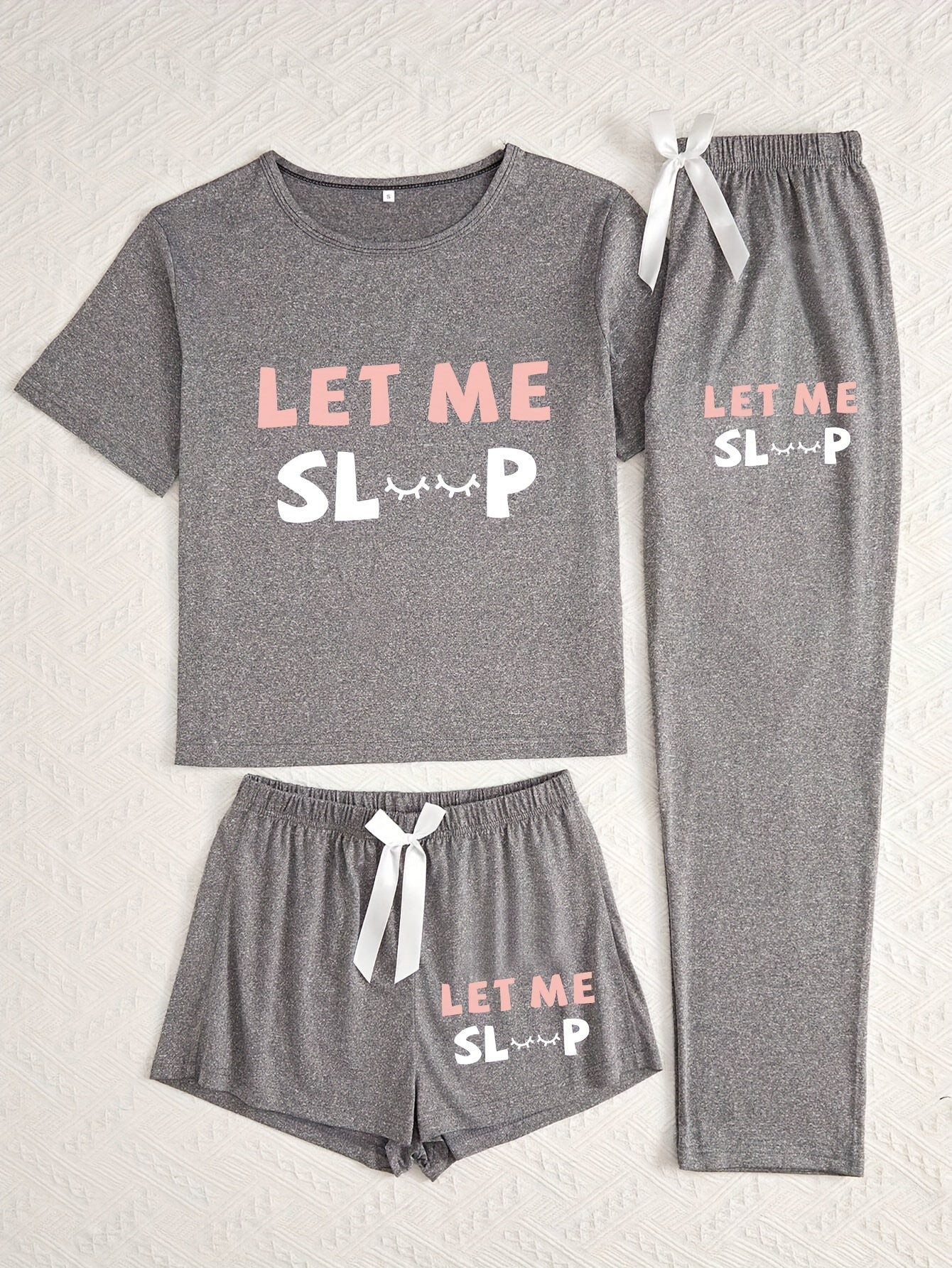 Simple Pajama 3pcs Simple Style Women's Pajama Set | Knit Polyester Sleepwear with Alphabet Print, Crew Neck, Bow Detail, for All Season Comfort Loungewear